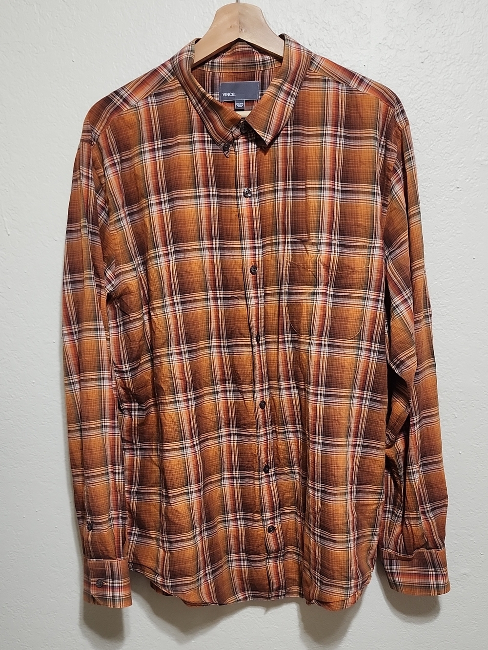 Vince Mens Plaid Button Down Shirt Orange Brown Autumn Flannel Style XXL